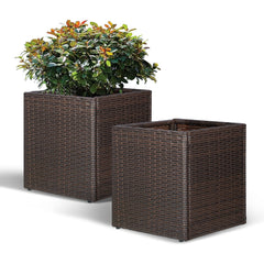 Set of 2 Large Square PE Rattan Planters with Removable Liner
