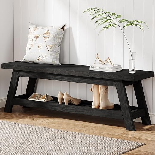 55" Wood Entryway Bench with Shoe Storage & Open Shelves