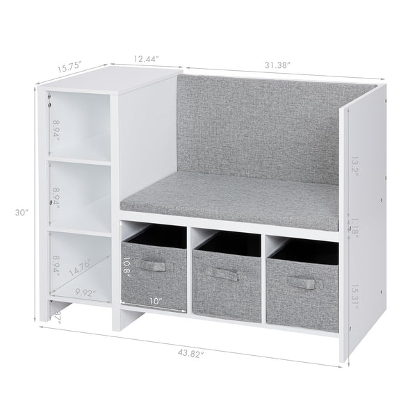 Kids Reading Nook Bench with Bookshelf and Storage Organizer