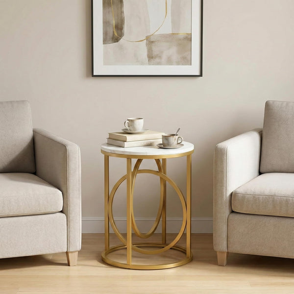 Round End Table Set of 2 with Gold O-Shaped Base