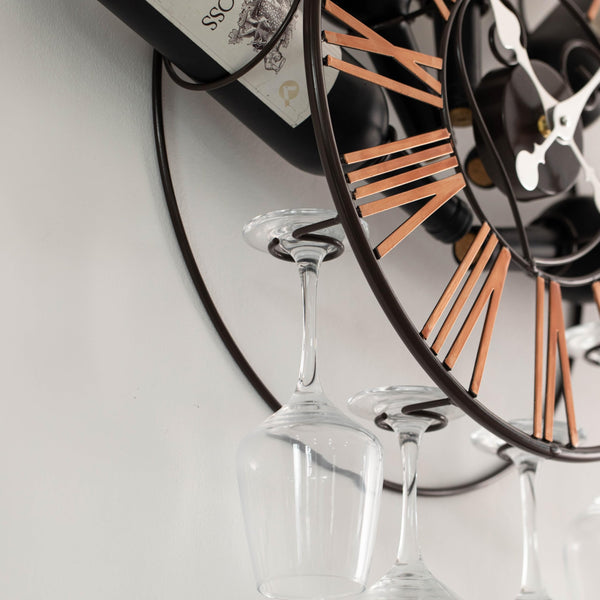 Wall-Mounted Clock Wine Rack with Stemware Holder