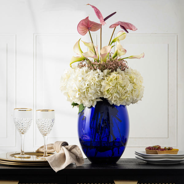 Cobalt Blue Glass Barrel Vase – Handmade, 11.75" H