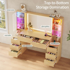 Large Makeup Vanity Desk with LED Mirror, 8 Drawers & Charging Station