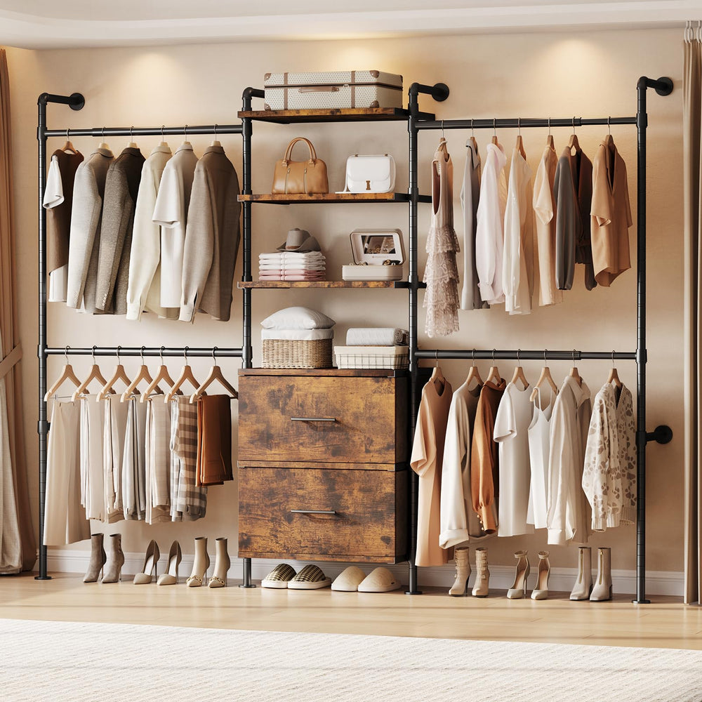 Wall Mounted Closet Organizer with Drawers, Shelves & Rods