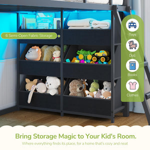 L-Shaped Twin Over Twin Bunk Bed with Storage Bins & LED Lights