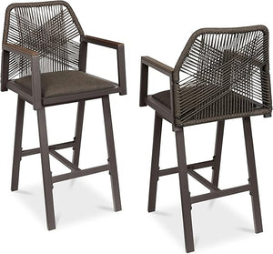Outdoor Bar Stools Set of 2 – 360° Swivel, Aluminum Frame, Woven Rope, Armrests