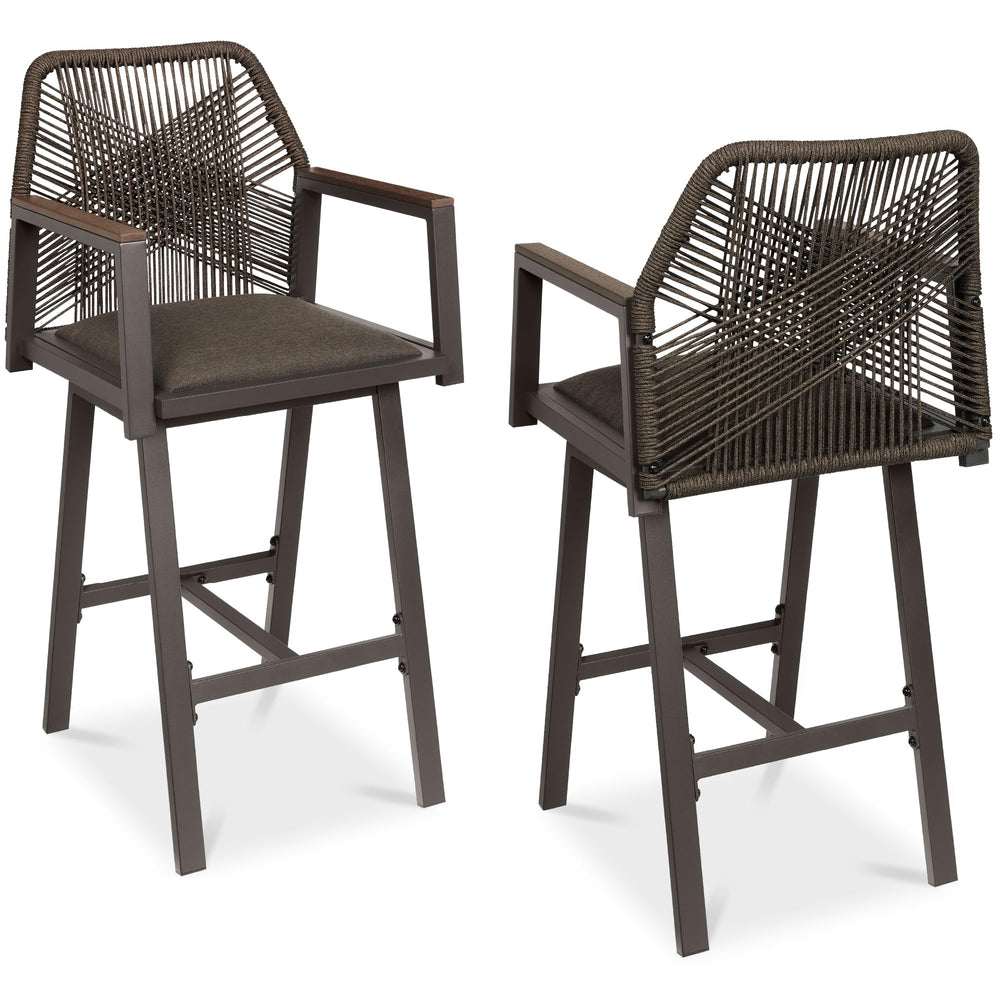 Outdoor Bar Stools Set of 2 – 360° Swivel, Aluminum Frame, Woven Rope, Armrests