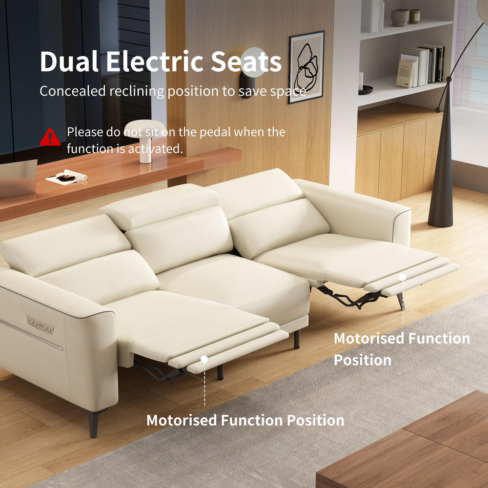 Dual Motor Electric Reclining Sofa with Adjustable Headrest & Footrest – Ivory Leather, USB Charging