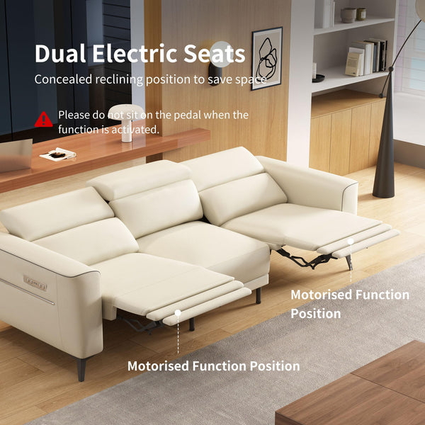 Dual Motor Electric Reclining Sofa with Adjustable Headrest & Footrest – Ivory Leather, USB Charging