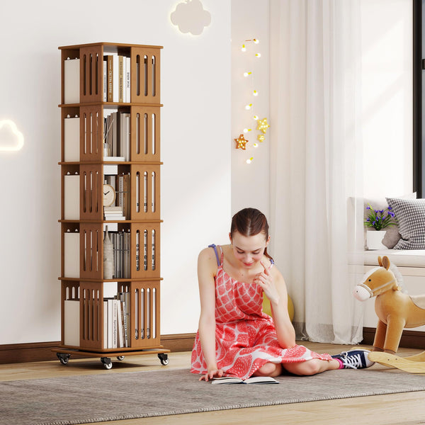 Bamboo Rotating Bookshelf Tower with Wheels