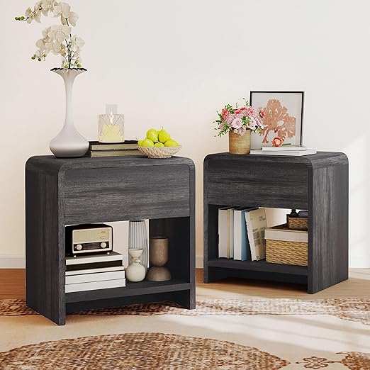 Nightstand Set of 2 with Drawer & Open Shelves – Curved Bedside End Table