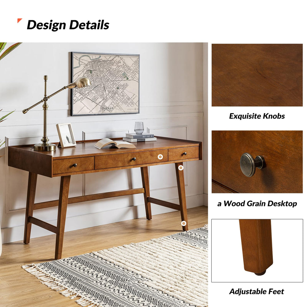 Mid-Century Modern Home Office Desk with 3 Drawers & Charging Station