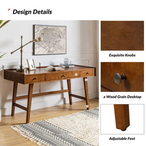 Mid-Century Modern Home Office Desk with 3 Drawers & Charging Station