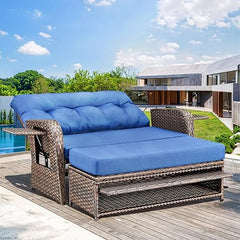 Outdoor Wicker Recliner Daybed Loveseat with Stowable Side Trays