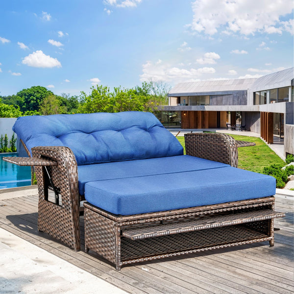 Outdoor Wicker Recliner Daybed Loveseat with Stowable Side Trays