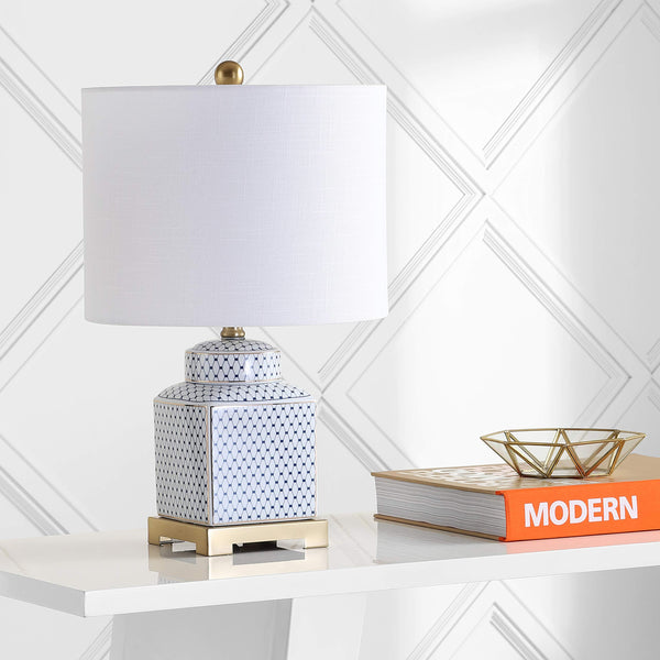 Ceramic Ginger Jar LED Table Lamp – Chinoiserie Fishnet Pattern, Linen Shade
