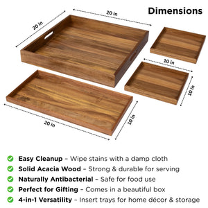 Large Square Acacia Wood Ottoman Serving Tray with Handles