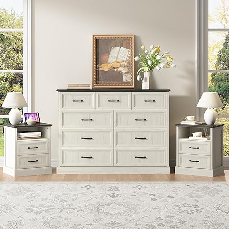 Farmhouse Dresser & Nightstand Set – 3-Piece Bedroom Set