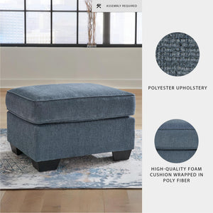 Blue Crosshatched Accent Ottoman with Wood Legs