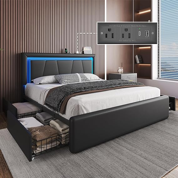 Upholstered Platform Bed Frame with LED Headboard, Storage Drawers & Charging Station