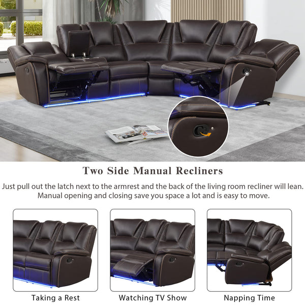 5-Seat Manual Reclining Sectional Sofa with LED Strip & Storage Console