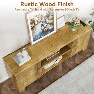 70-Inch Farmhouse TV Stand with Power Outlets & Storage Cabinets
