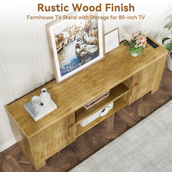 70-Inch Farmhouse TV Stand with Power Outlets & Storage Cabinets