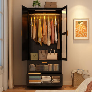 2-Door Wardrobe with LED & Mirror