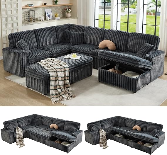 129-Inch Sectional Sofa with Storage Ottoman & Sleeper