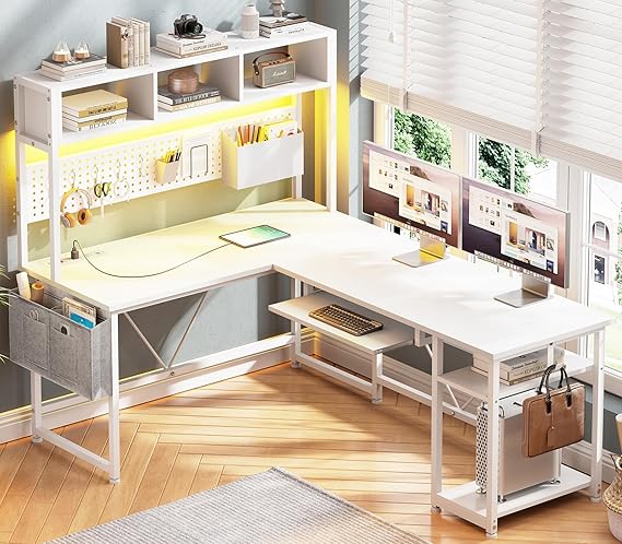 SEDETA L Shaped Gaming Desk with Hutch, 57.5” Reversible Corner Computer Desk with Storage Shelves, Gaming Desk with Pegboard, LED Lights, Power Outlet, Keyboard Tray (Rustic Brown)