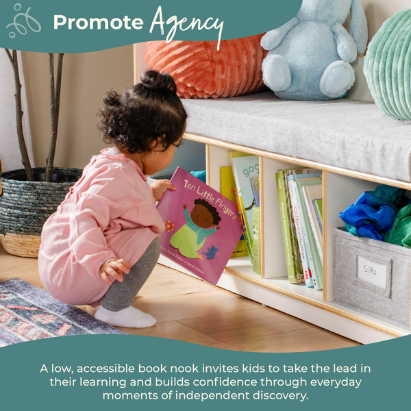 Kids Reading Nook with Storage Bench, Cubbies & Fabric Bins