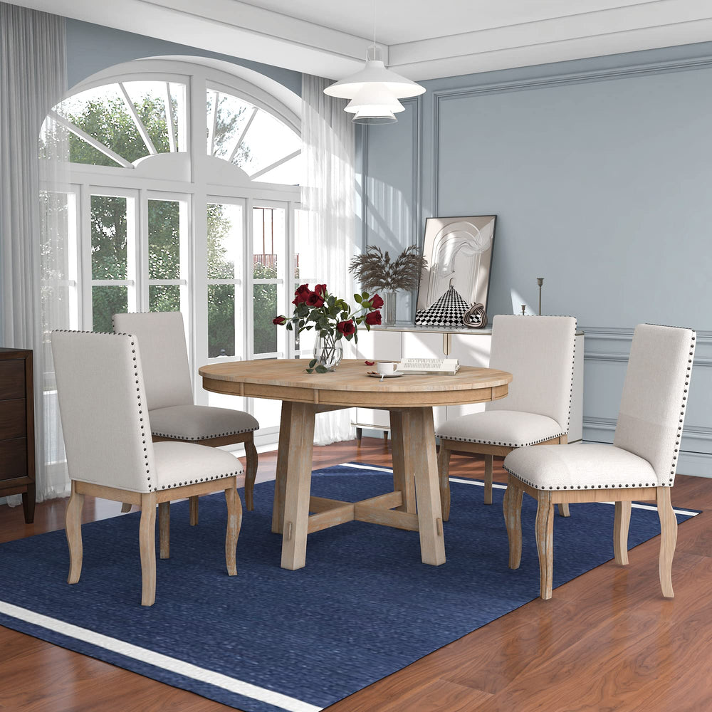 5-Piece Farmhouse Extendable Round Dining Table & Chair Set with Shelf