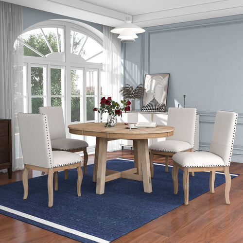5-Piece Farmhouse Extendable Round Dining Table & Chair Set with Shelf