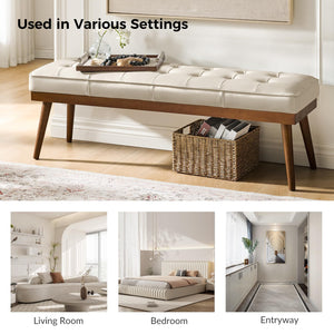 55.5" Button-Tufted Genuine Leather Entryway Bench