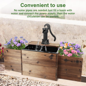 Outdoor Wooden Water Fountain with Hand Pump & Flower Box