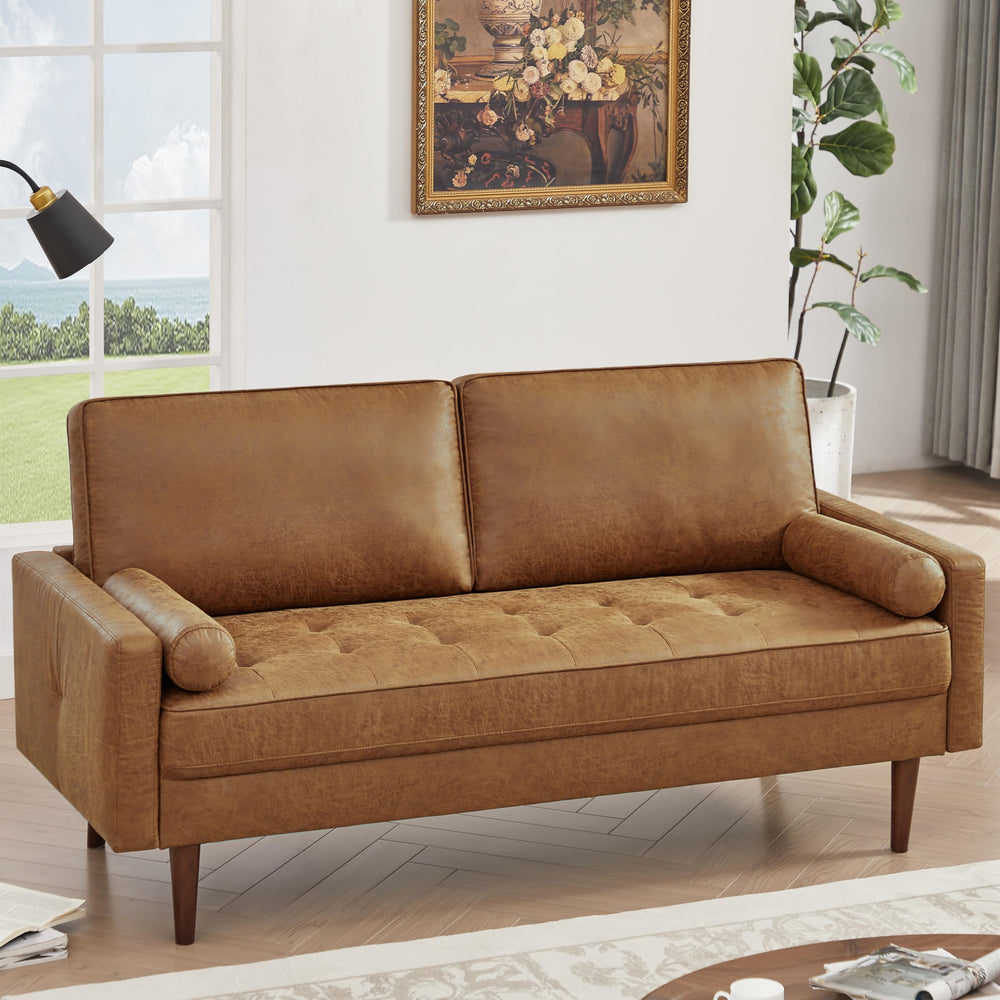 Mid-Century Modern Faux Leather Loveseat Sofa – 2-Seater, Brown