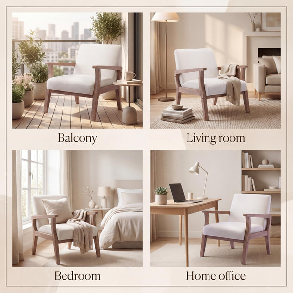 Mid-Century Modern Accent Chair – Beige Linen, Wood Frame