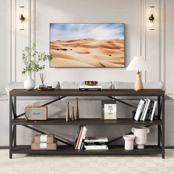 Industrial Console Sofa Table 70.8 Inch with 3-Tier Storage Shelf
