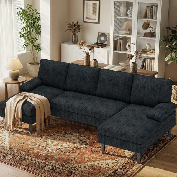 U-Shaped Sectional Sofa with Double Chaise Lounge, 101" Chenille 4-Seat Couch