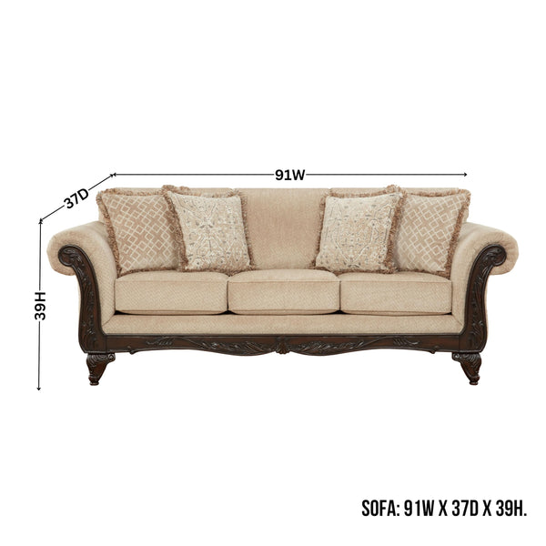 3-Seat Chenille Sofa with Carved Wood Frame