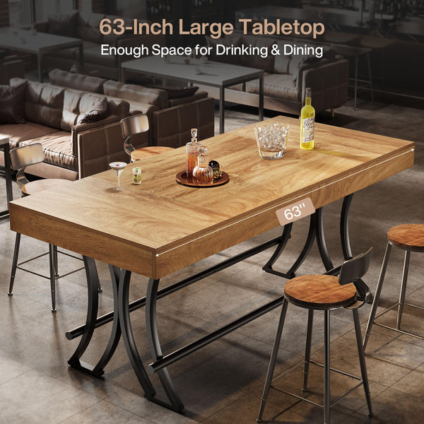 63" Counter Height Bar Table with Metal Footrest — Rustic Brown