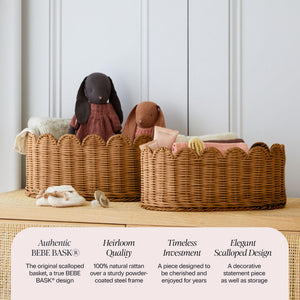 BEBE BASK Premium Scalloped Basket Set Of 2 - Scallop Basket - 16 x 10 x 7 Inch - Hand-Woven Elegant Wicker With Scalloped Edge - Nursery Storage (Mocca)
