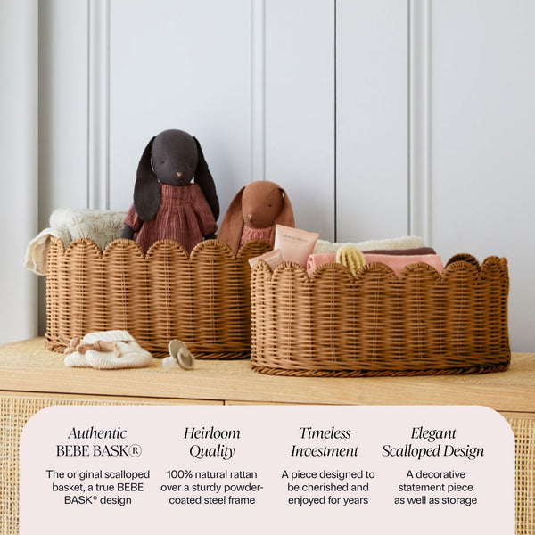 BEBE BASK Premium Scalloped Basket Set Of 2 - Scallop Basket - 16 x 10 x 7 Inch - Hand-Woven Elegant Wicker With Scalloped Edge - Nursery Storage (Mocca)