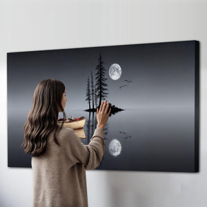 Moonlit Lake Canvas Wall Art – Night Landscape with Boat & Full Moon