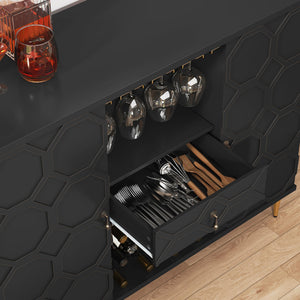 Modern Bar Cabinet with Drawer, Wine Glass Racks & Geometric Door