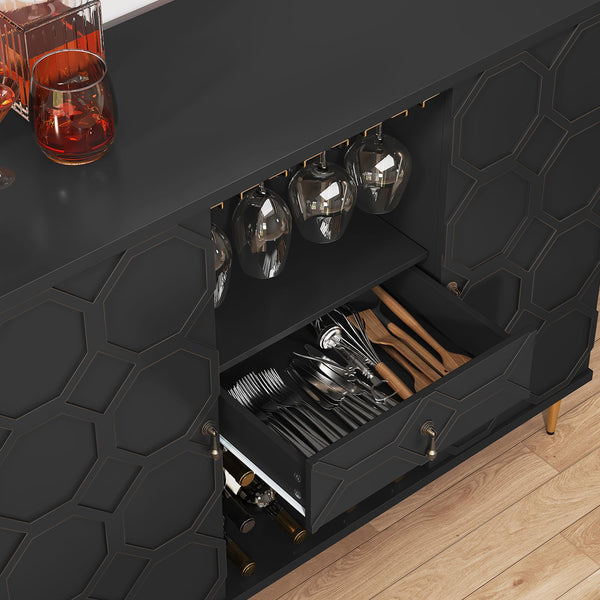 Modern Bar Cabinet with Drawer, Wine Glass Racks & Geometric Door