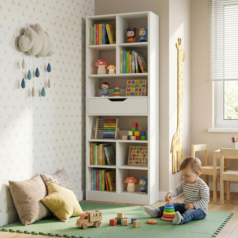 8-Tier Tall Narrow Bookshelf with Drawer