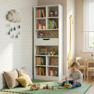 8-Tier Tall Narrow Bookshelf with Drawer