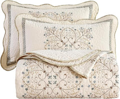Floral Embroidered Quilt Set – 3-Piece Cotton Bedding with Pillow Shams