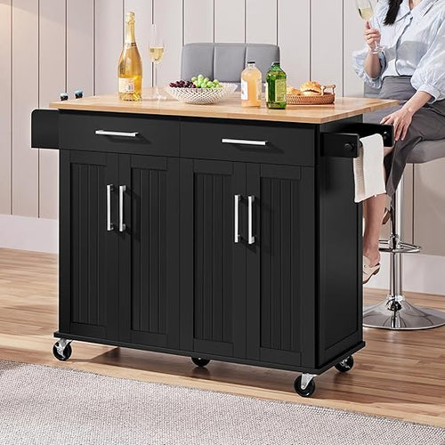 Rolling Kitchen Island Cart with Drop Leaf & Storage
